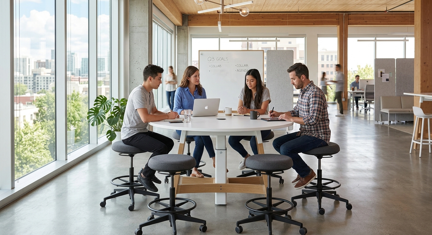 Adjustable-height huddle table surrounded by rolling stools in an open workspace