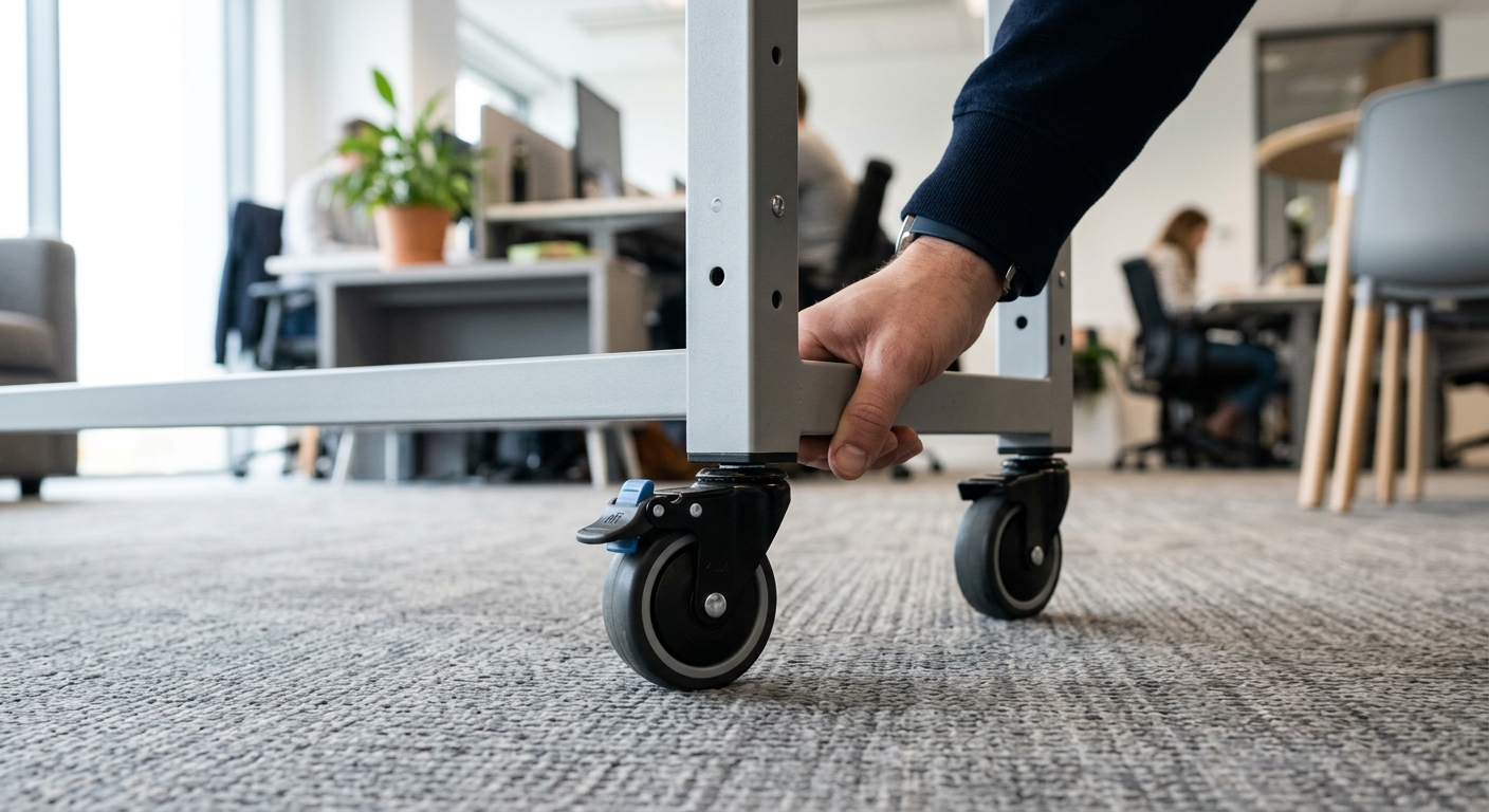 Lightweight steel-frame table with locking caster wheels being repositioned
