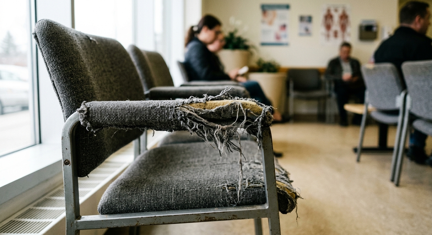 Worn fabric chair showing claw damage in a veterinary clinic setting
