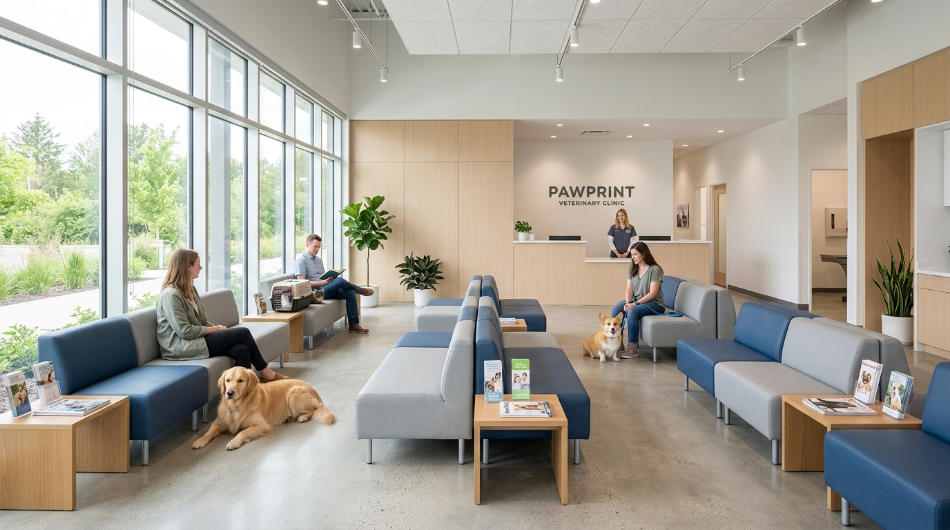 Modular vinyl loveseat seating spaced apart in a calm veterinary waiting room
