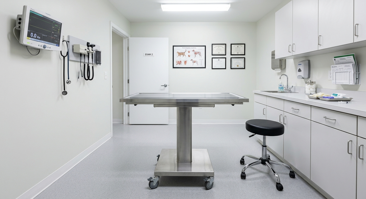 Vinyl-upholstered exam stool next to a stainless steel table in a veterinary exam room