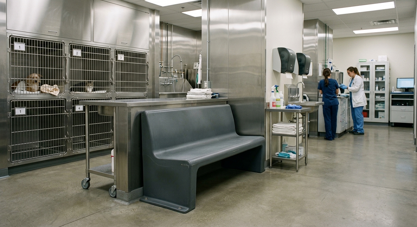 Molded polyethylene bench designed for veterinary treatment and holding areas