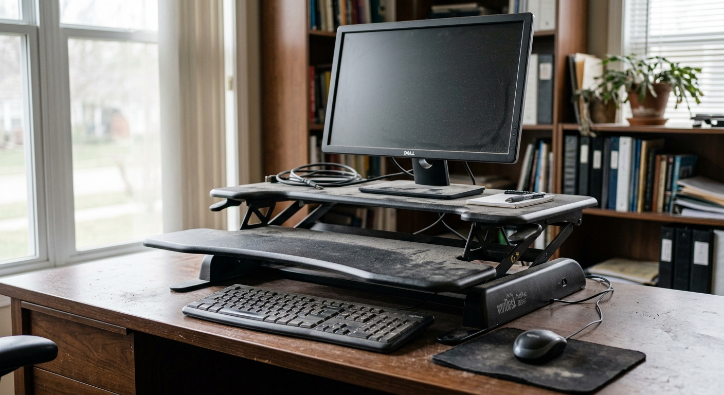 Standing desk converter left unused in the lowered position on an office desk