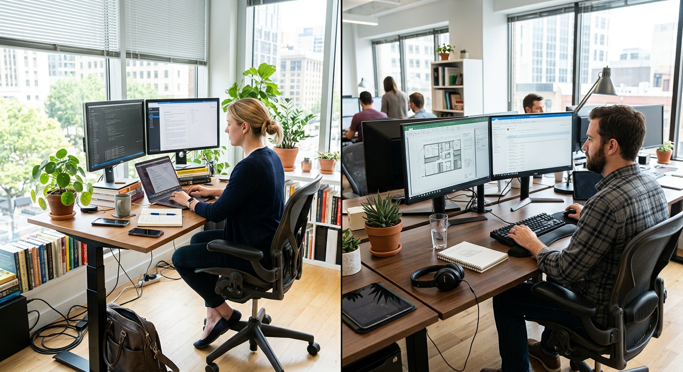 Two different office setups comparing standing desk converters and full height-adjustable desks
