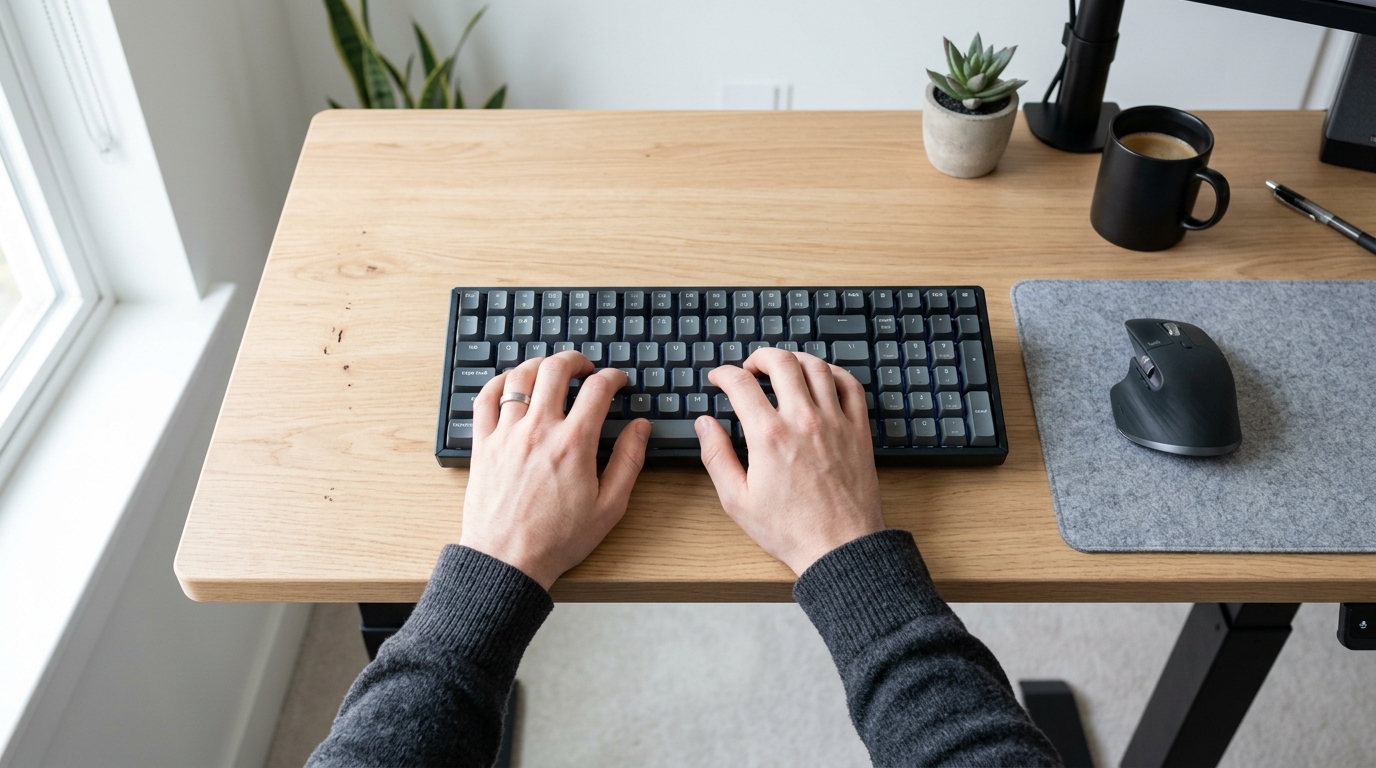 Hands typing on a keyboard positioned at correct ergonomic height on an adjustable desk