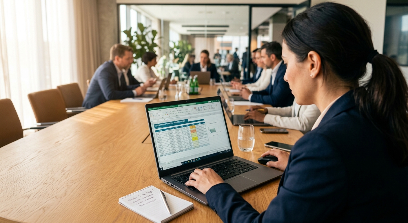 Business professional comparing vendor furniture bids on a laptop spreadsheet