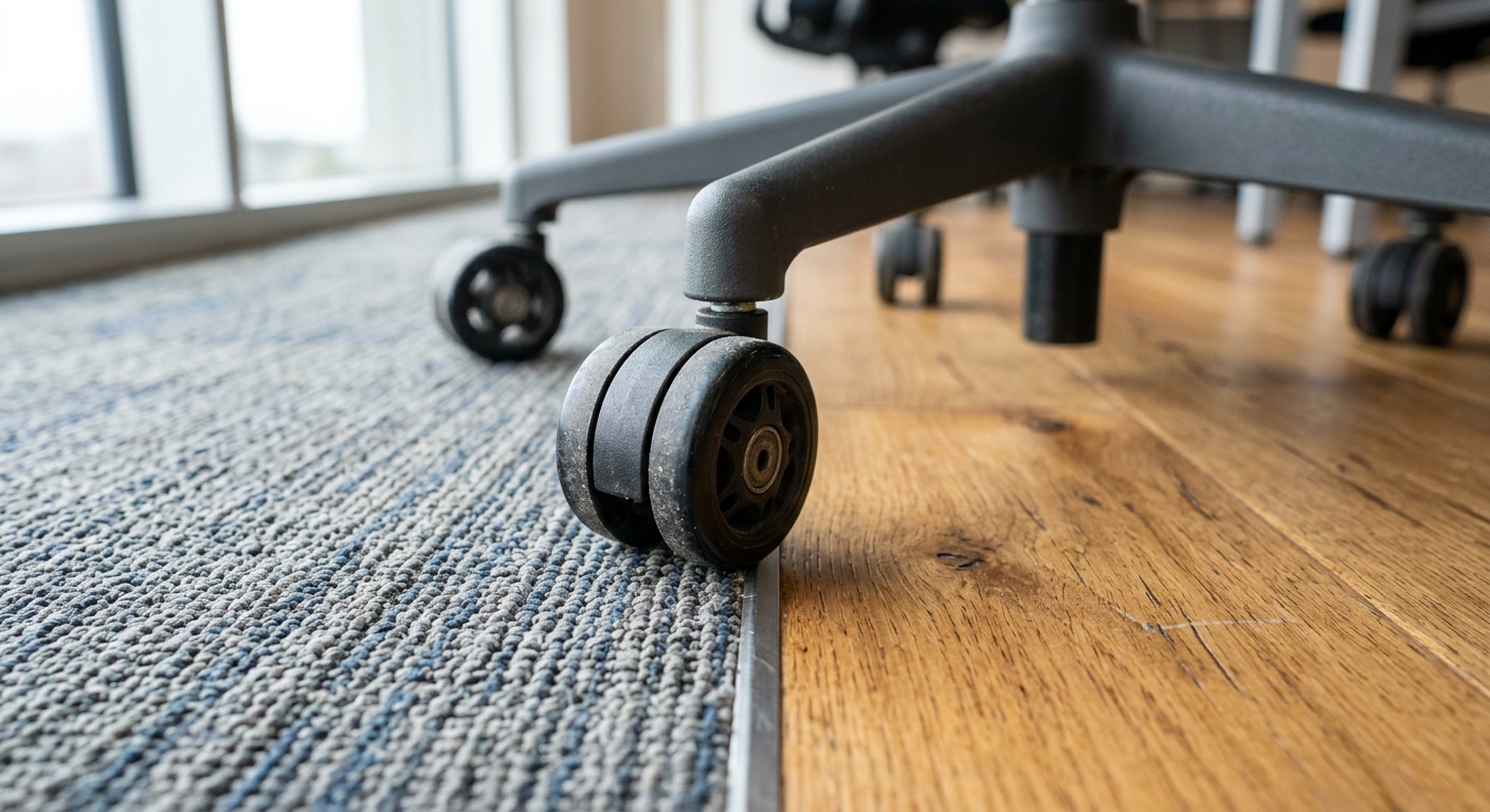 Office chair casters rolling across carpet and hardwood flooring transition