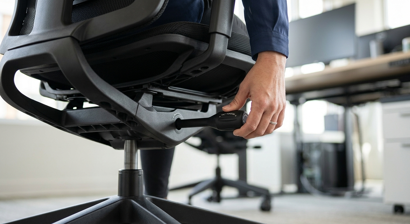 Hand adjusting the tilt tension lever on an ergonomic office chair
