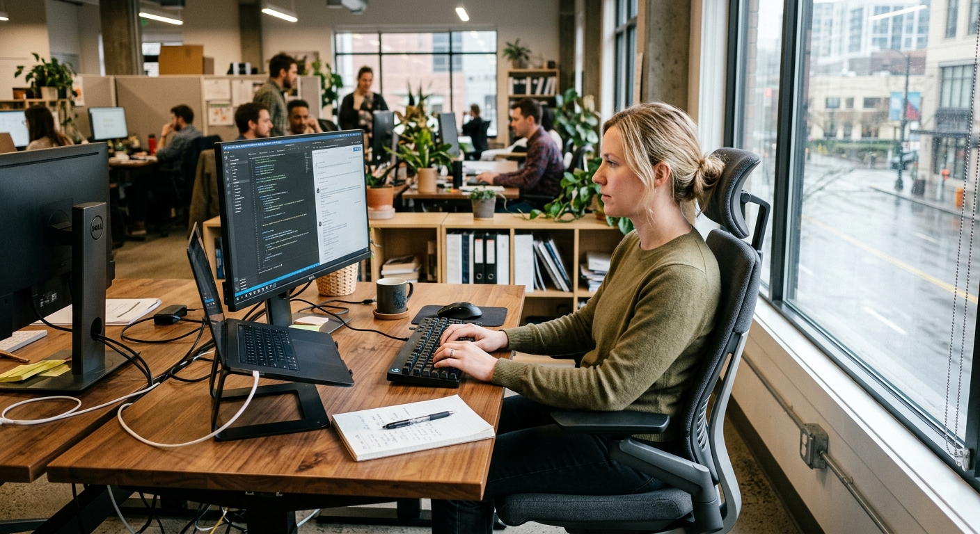 Employee testing an office chair at a real work desk with monitor setup