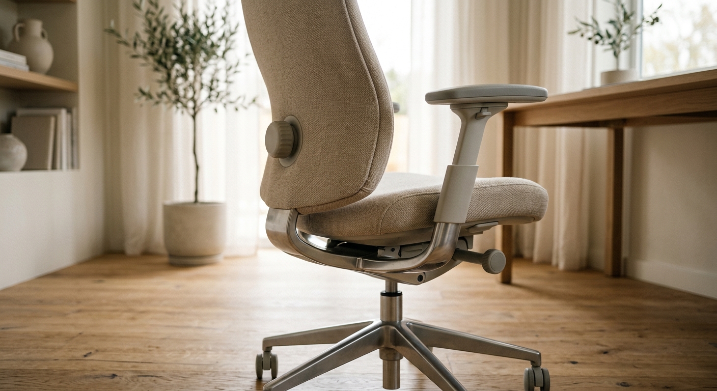 Ergonomic office chair with soft upholstery in naturally lit workspace