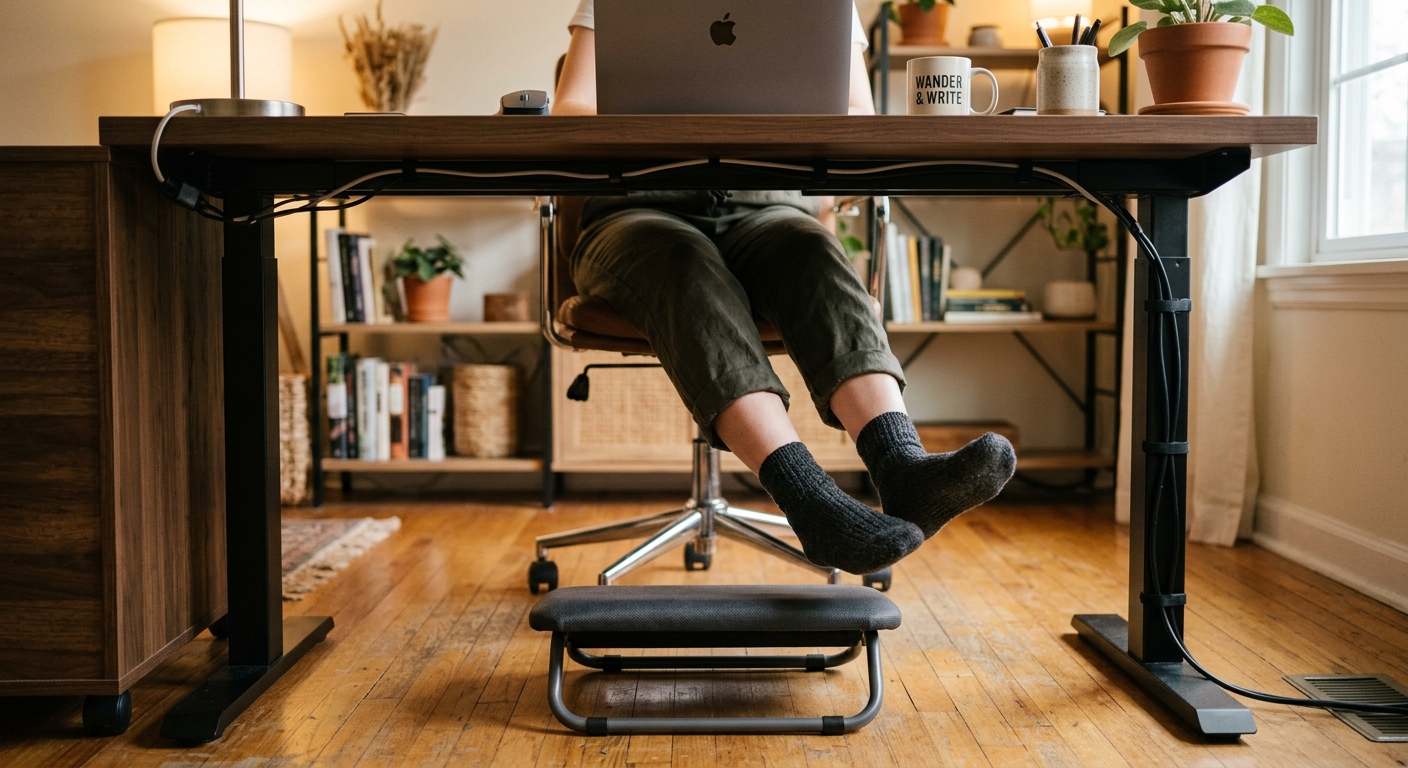 Person's feet resting on an under-desk footrest in a modern office