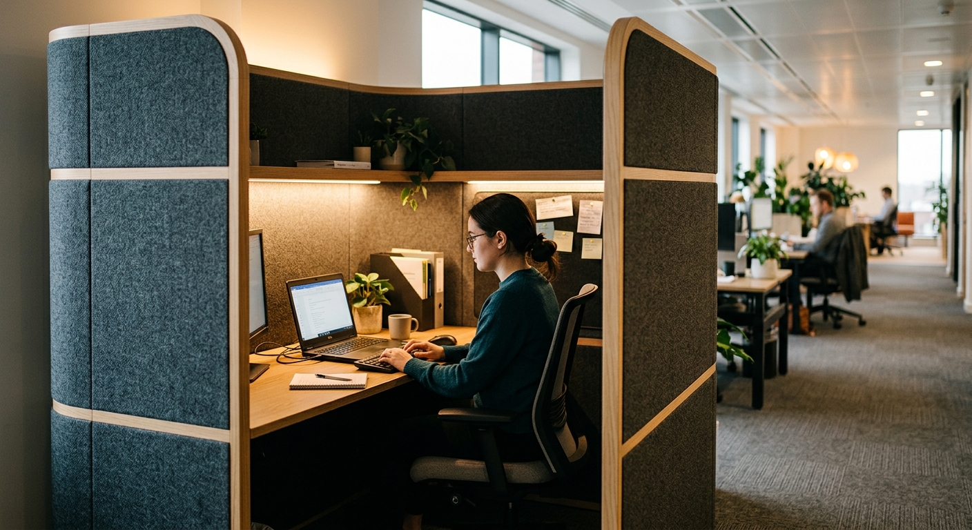 Semi-enclosed office desk pod with tall privacy screens