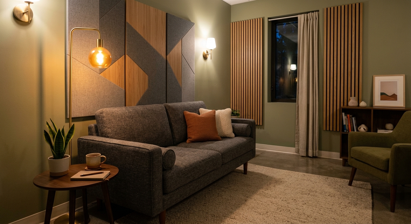 Small quiet office lounge with a firm sofa and acoustic wall panels