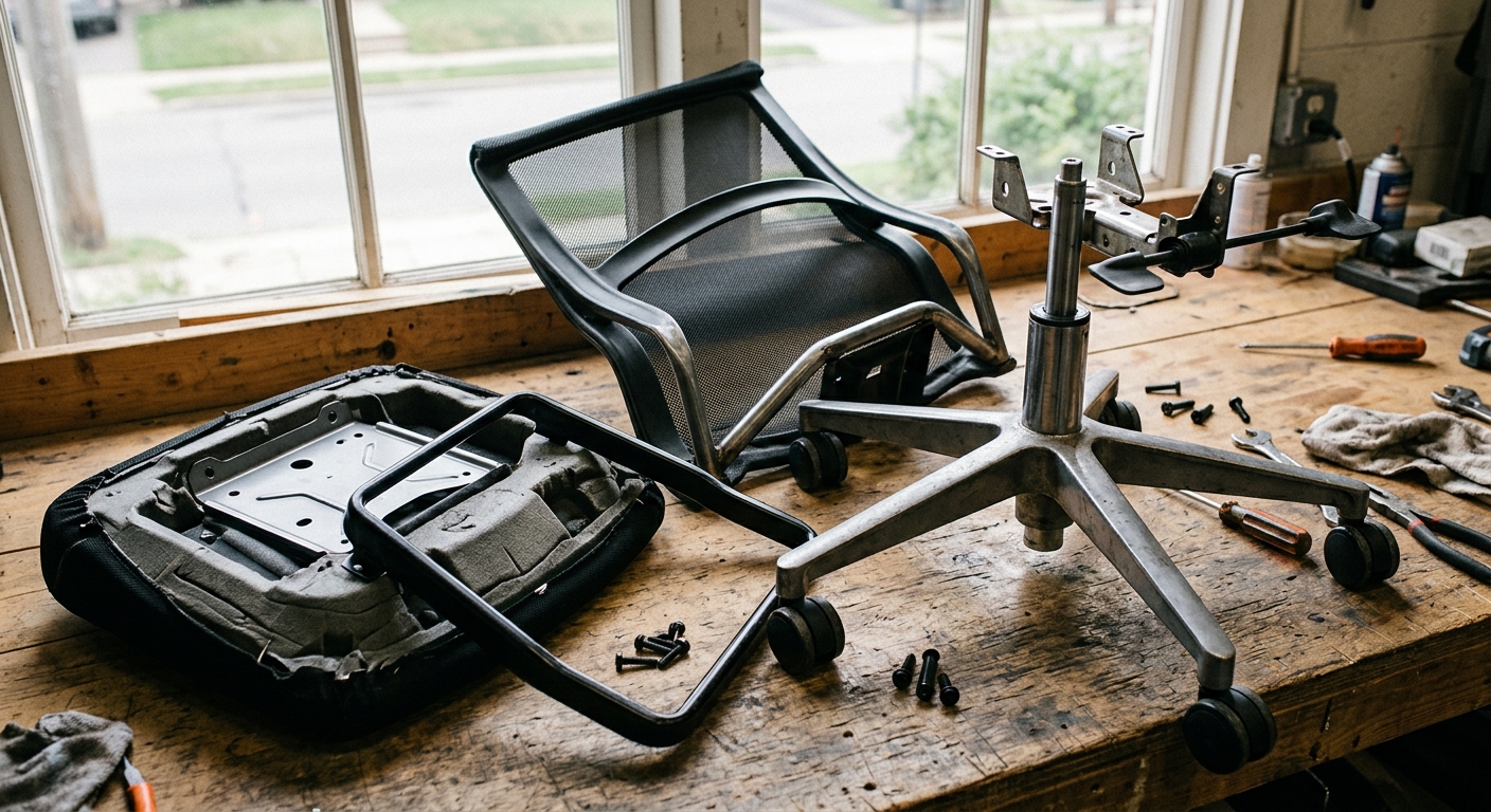 Disassembled office chair frame showing separated steel, foam, and mesh components
