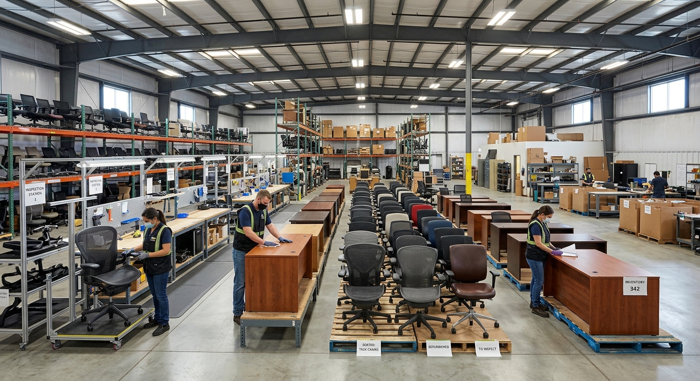 Warehouse workers sorting refurbished office chairs and desks for resale