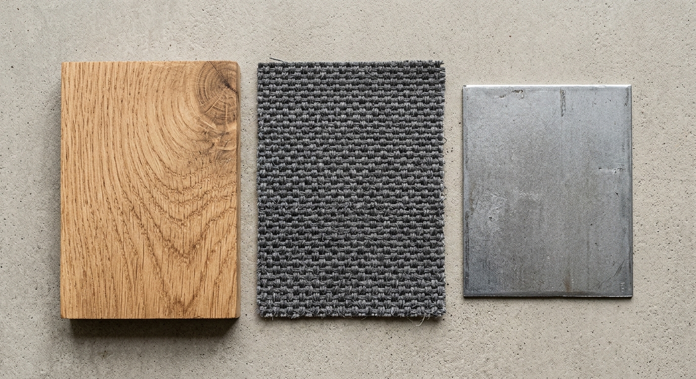 Raw furniture material samples including steel, solid wood, and recycled mesh fabric