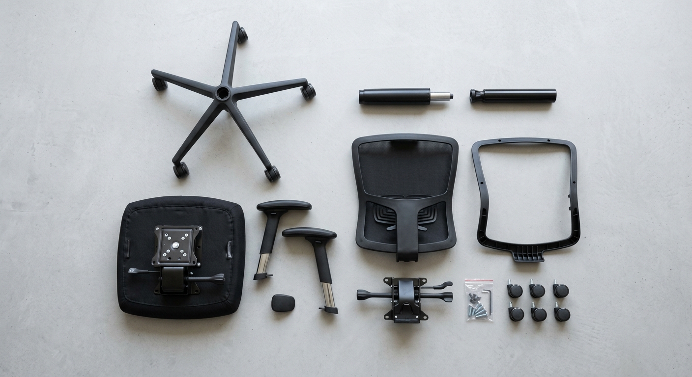 Office chair components laid out separately for disassembly and repair