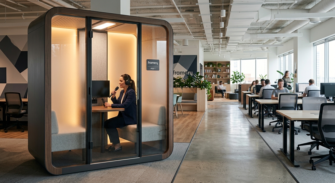 Single-person acoustic call booth installed in open office floor plan