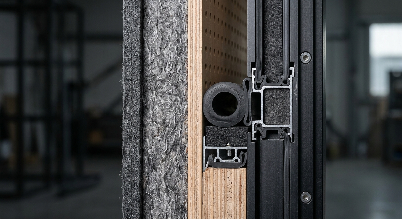 Acoustic panel and door seal detail inside a private call booth