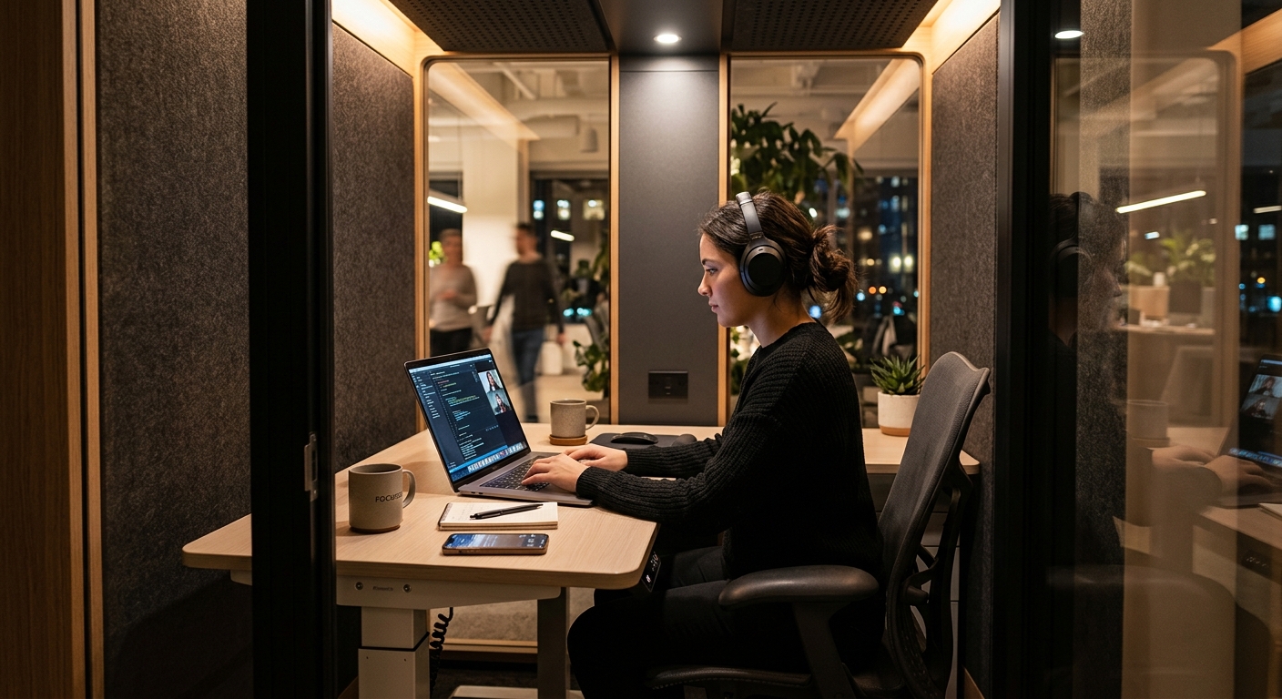 Height-adjustable desk and ergonomic chair inside a small call booth