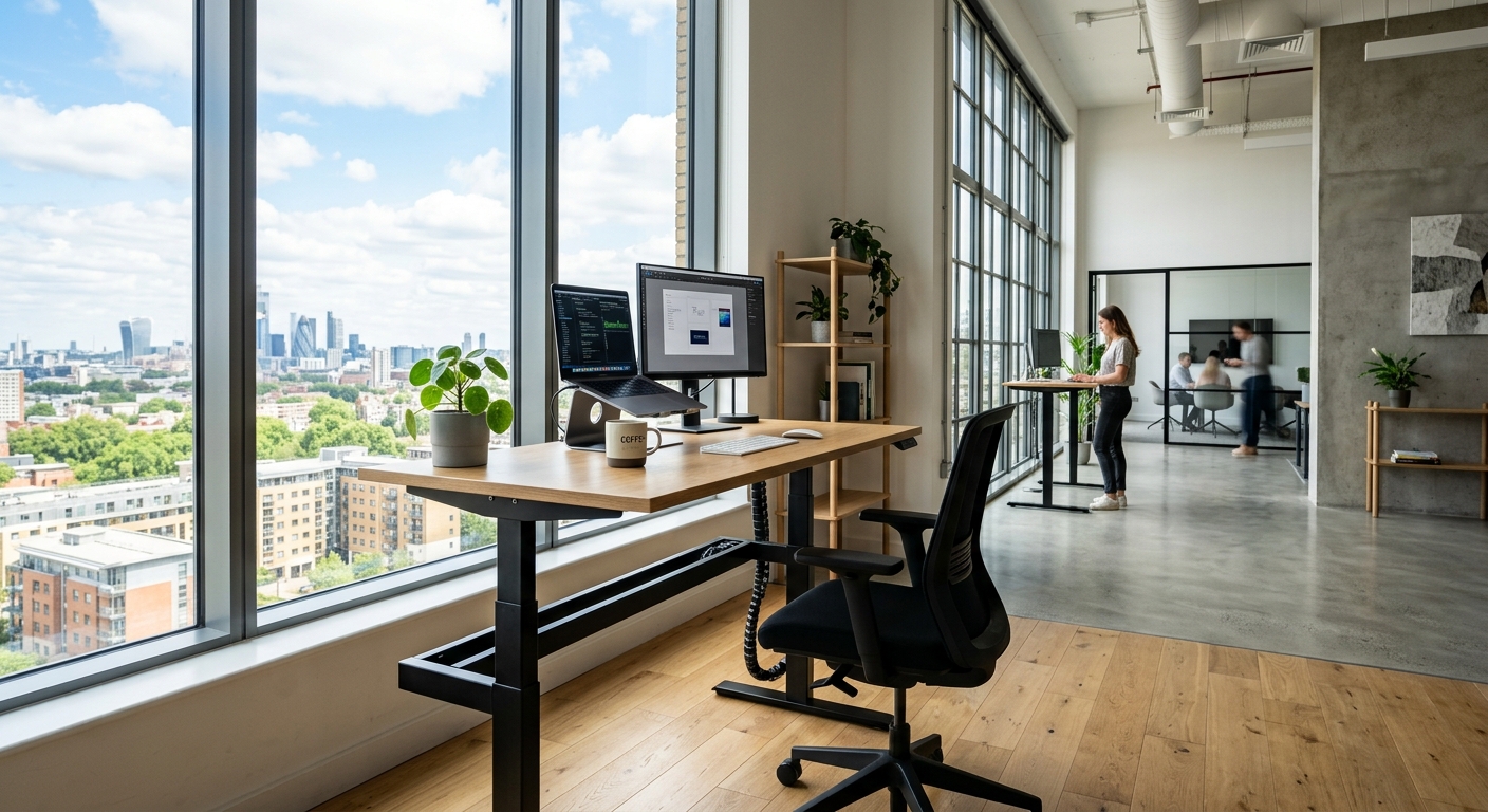 Adjustable sit-stand desk near office window