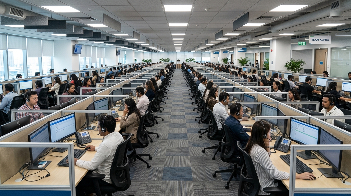 Open-plan call center with matching ergonomic chairs and workstations