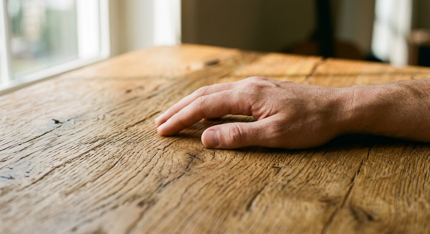 Close-up of natural wood grain texture on an office desk surface
