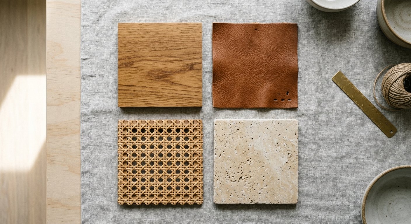 Flat lay of natural office furniture material samples including wood, leather, rattan and stone
