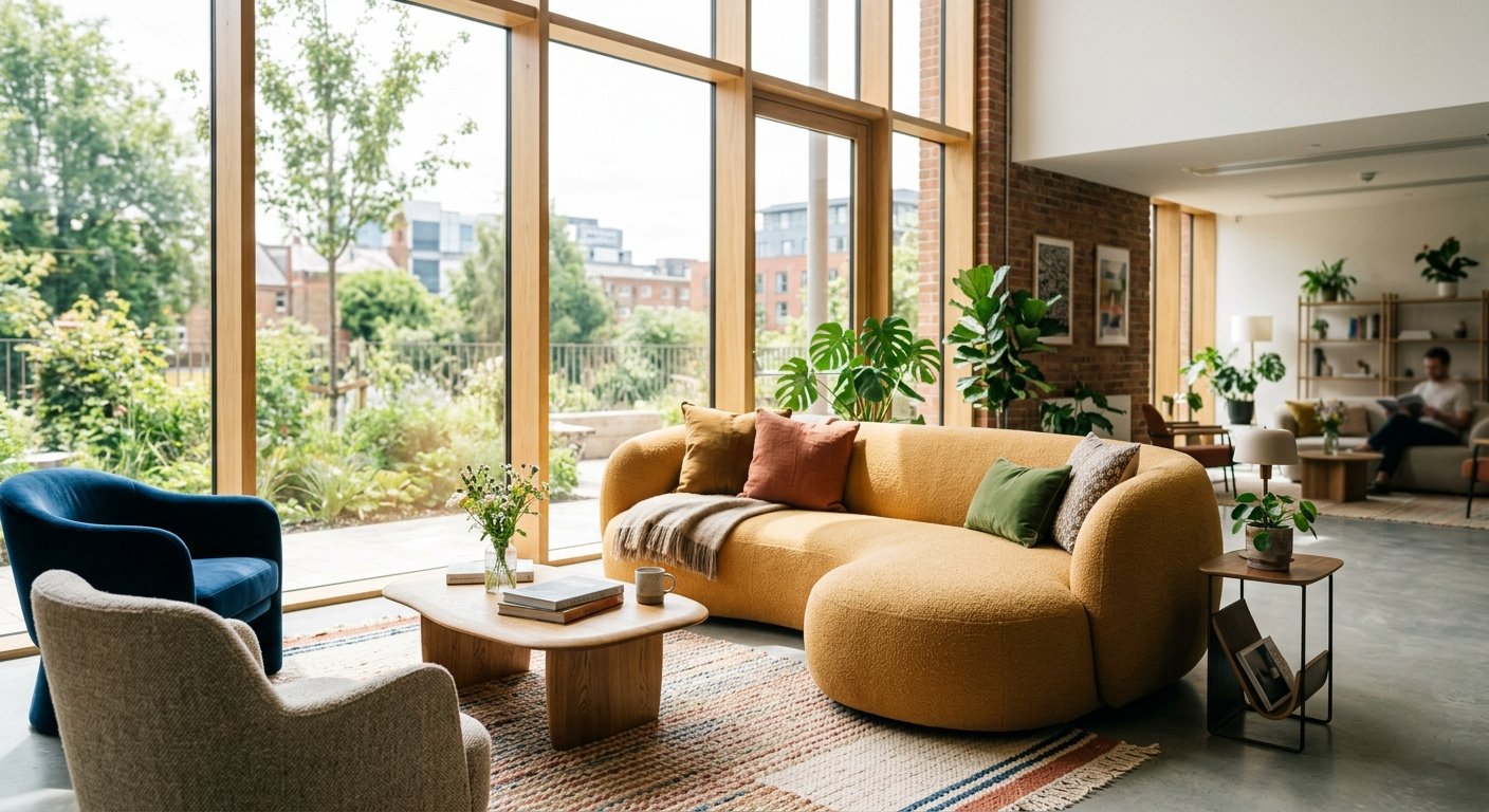 Organic-shaped curved lounge sofa in a bright office breakout area