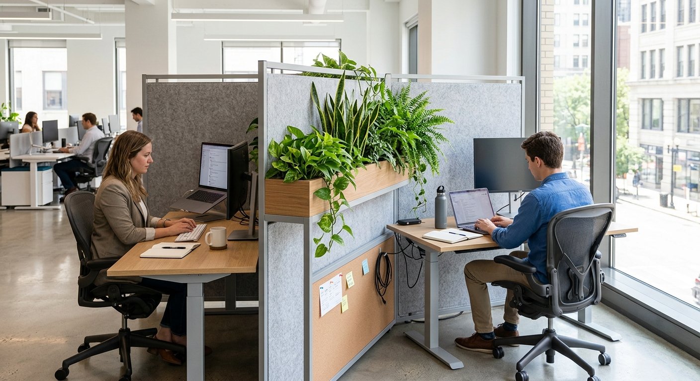 Modular office screen with built-in planter trough between workstations