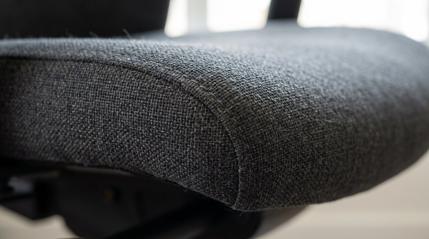 Close-up of the front edge and cushion contour of an upholstered office chair seat