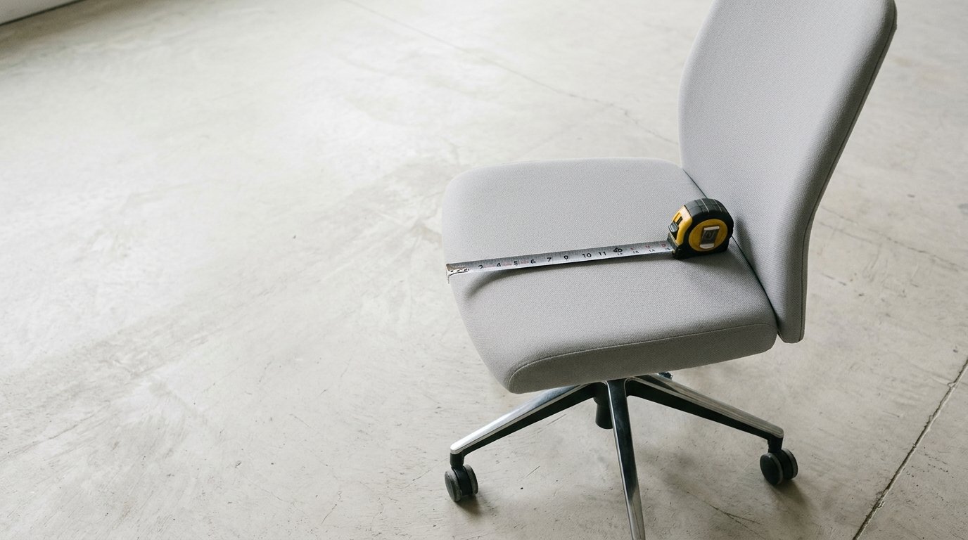 Tape measure extended across a chair seat to measure seat pan depth