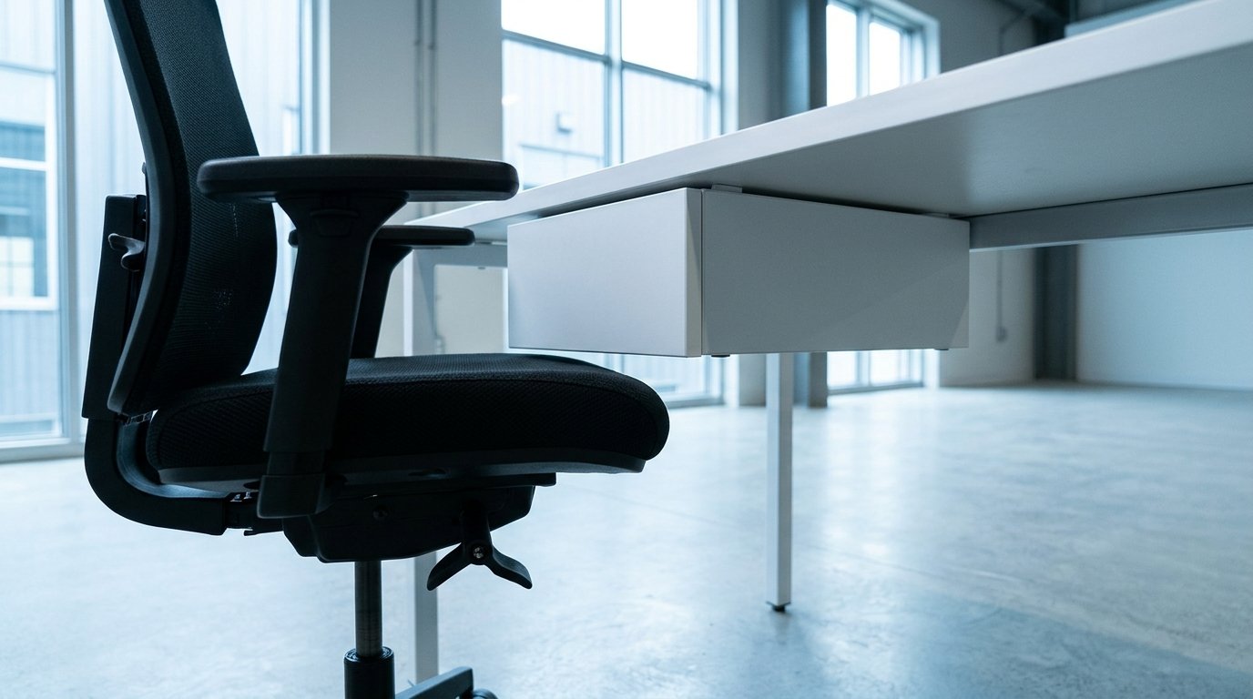 Office chair pulled up to a desk showing thigh clearance under the work surface
