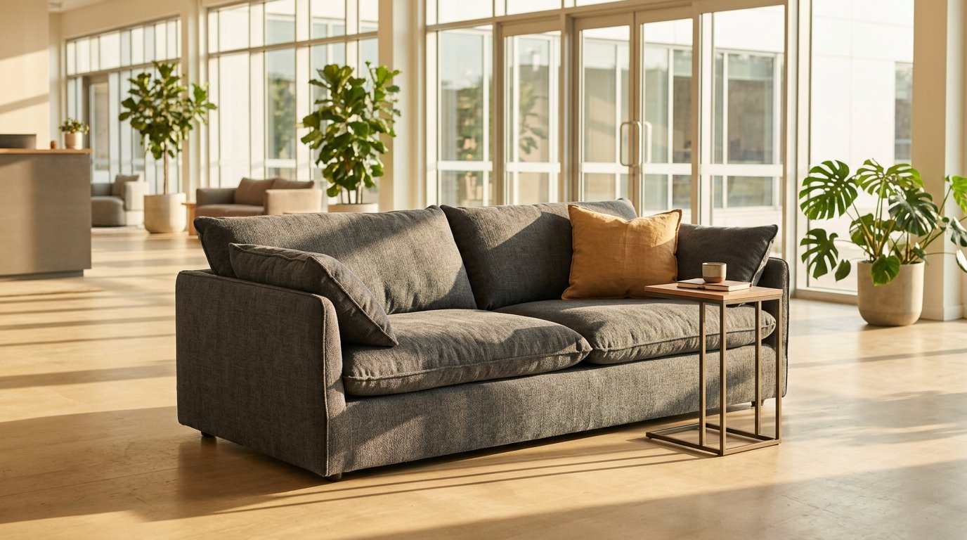Deep-seated lounge sofa in a bright office reception area