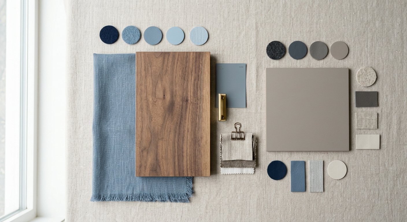 Flat lay of office furniture color and material swatches including blue fabric and walnut wood