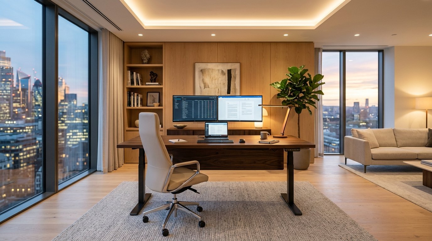 Executive office with dark walnut desk and lighter chair showing balanced color contrast