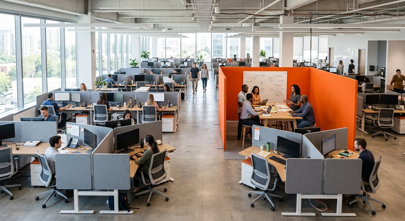 Open-plan office with muted partitions and one bold accent screen marking a collaboration zone