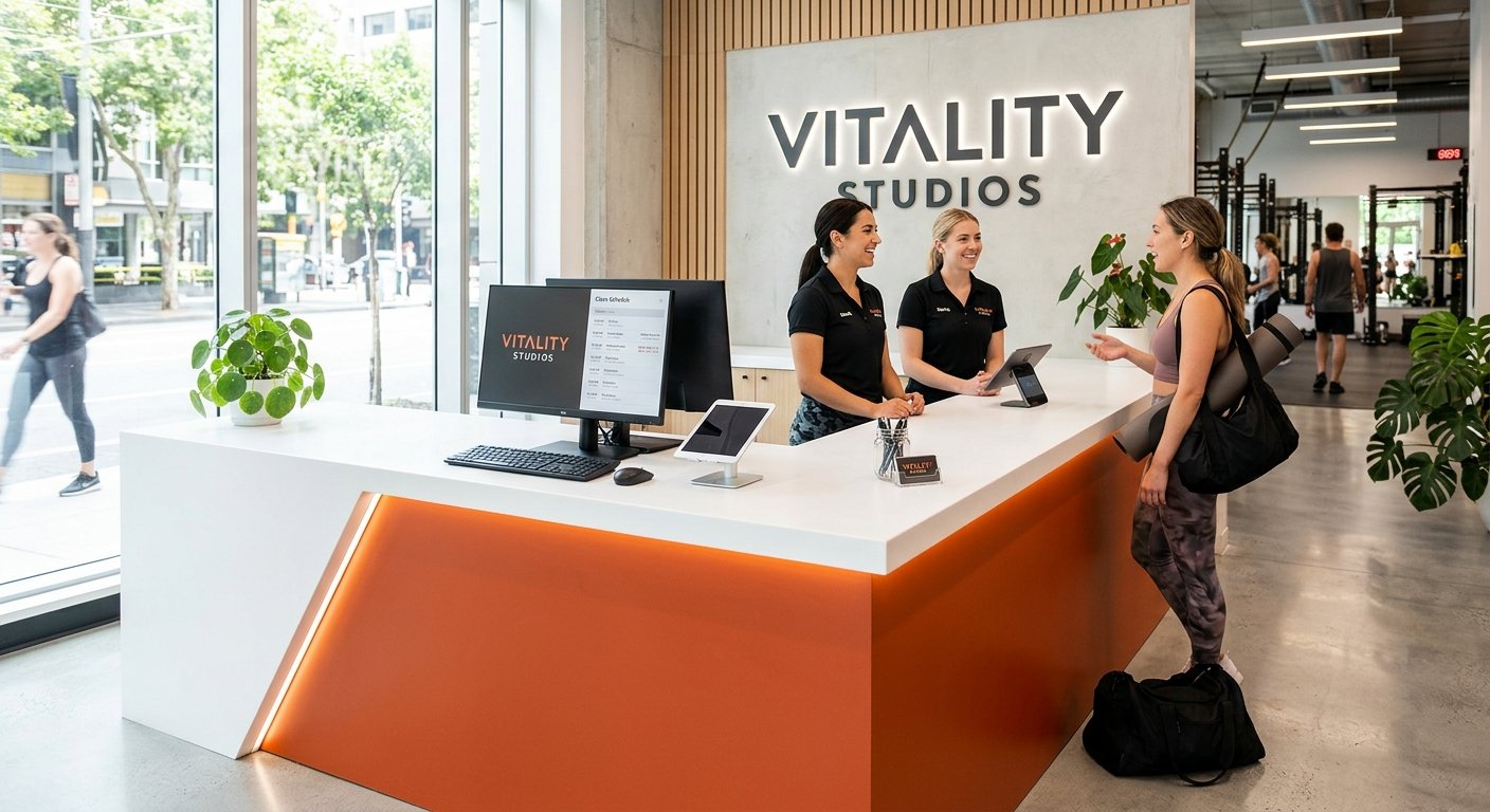 Close-up of a solid-surface fitness studio front desk counter with rounded edges