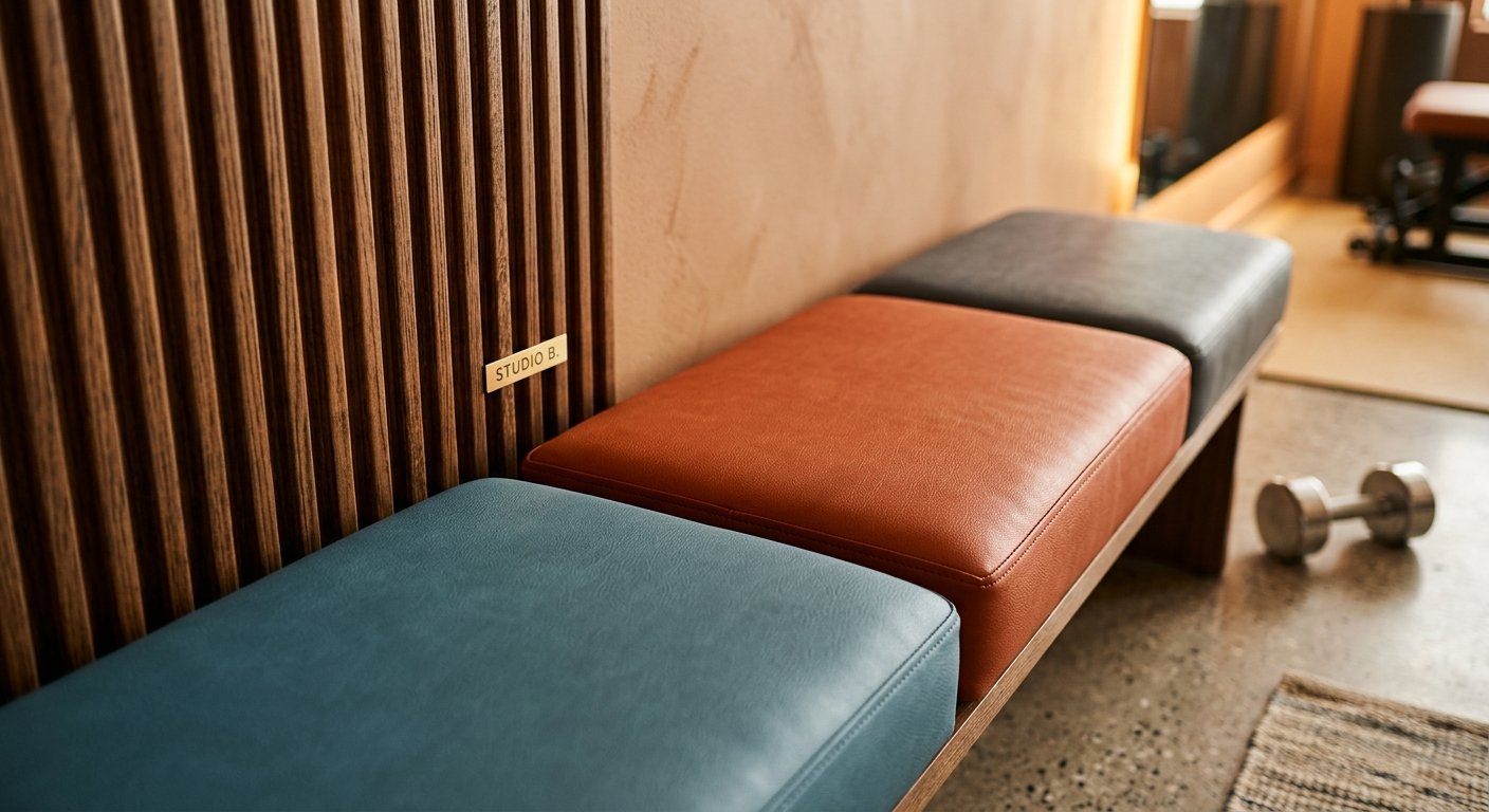 Textured accent panel and color-blocked vinyl bench in a boutique fitness studio