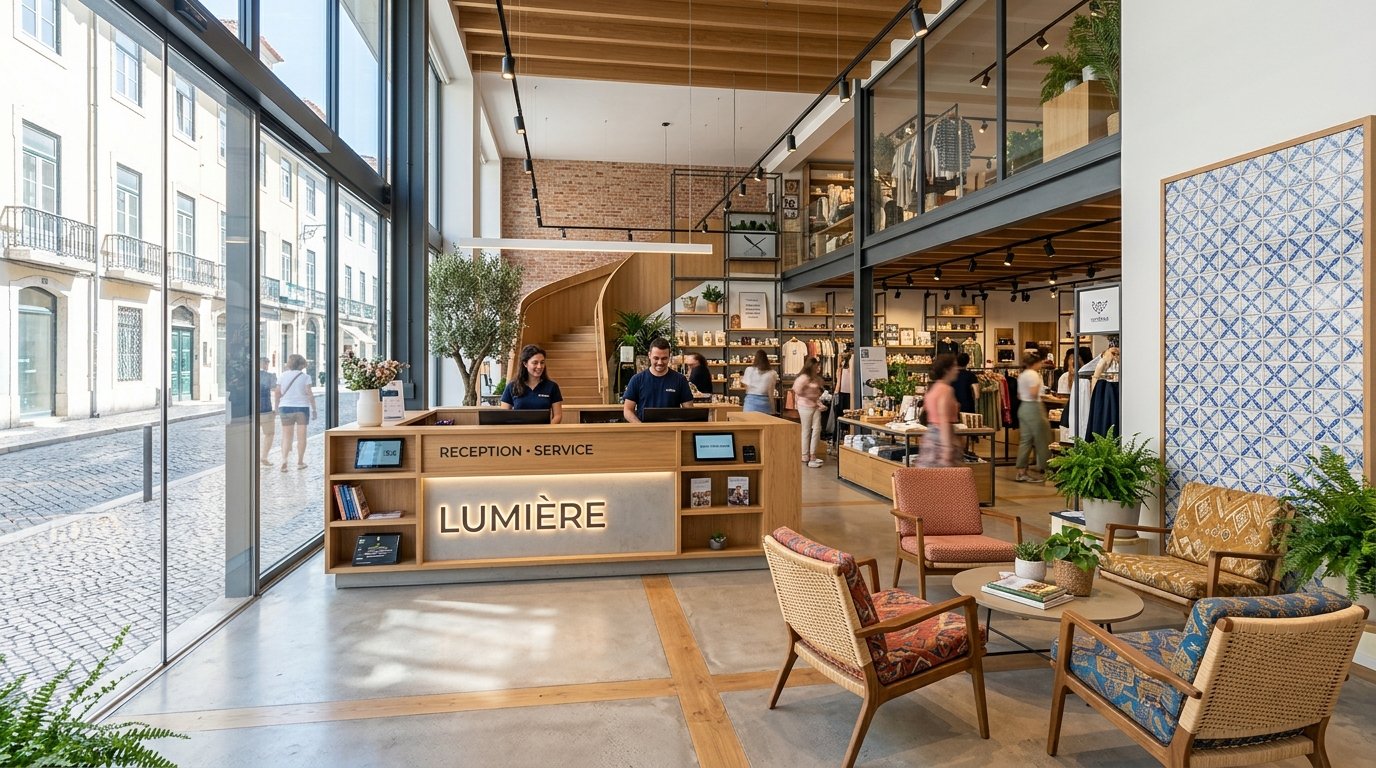 Modern franchise reception area showing structured core furniture with regional accent seating