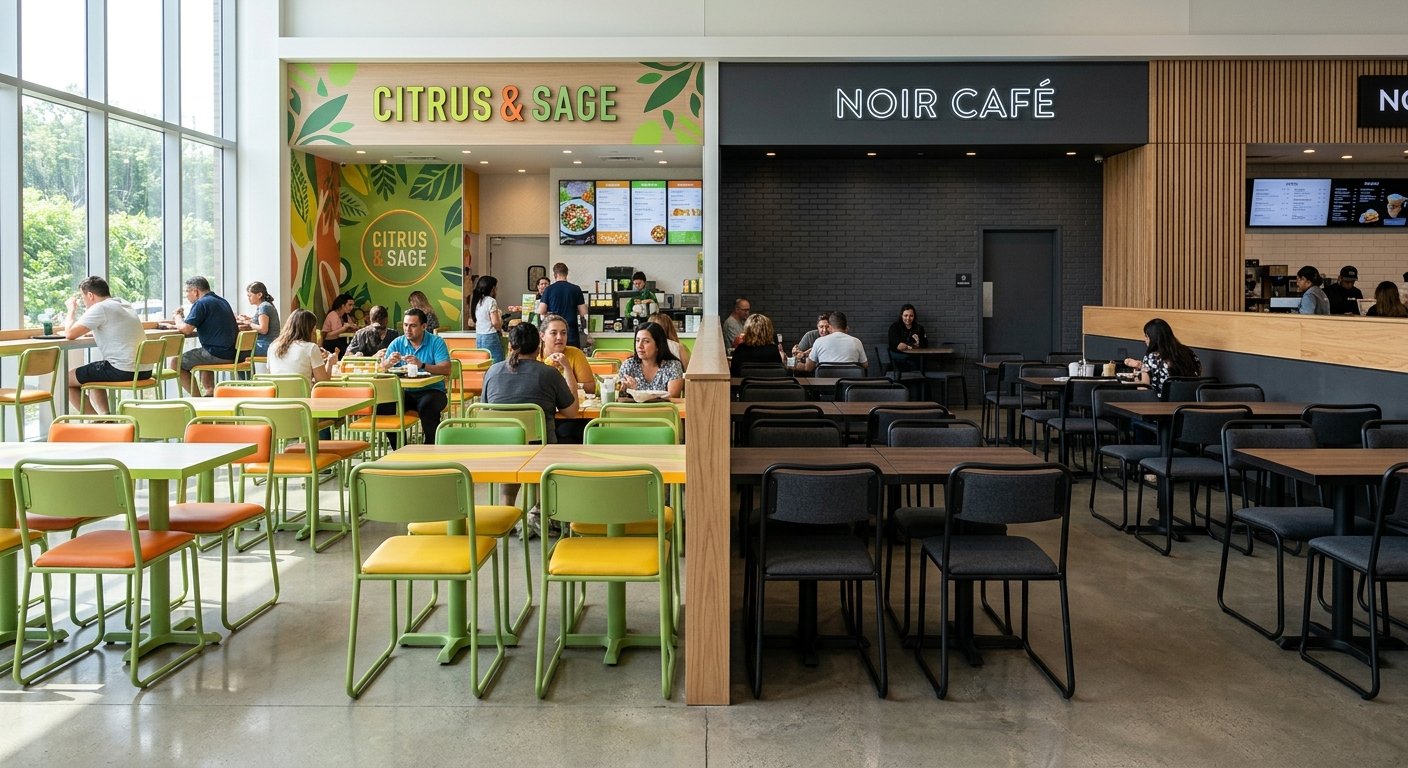 Two quick-service restaurant dining areas with matching furniture frames but different color finishes