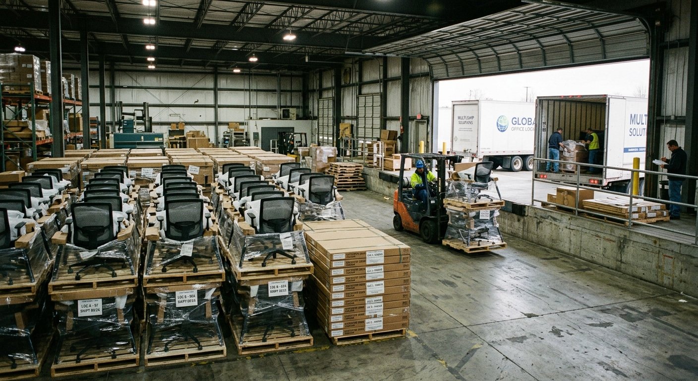 Warehouse loading dock with identical office furniture staged for multi-location shipping