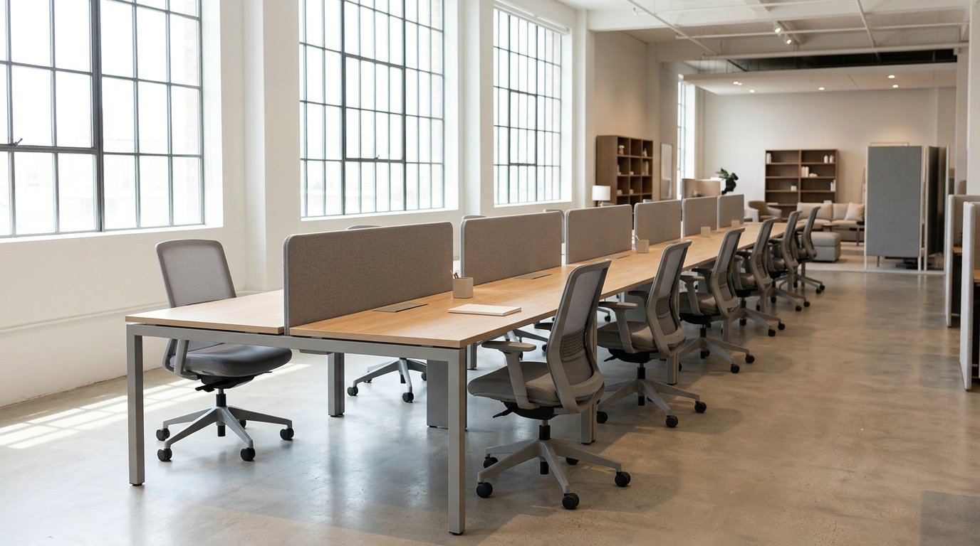 Row of identical office desks in a showroom, all built to the same standard height