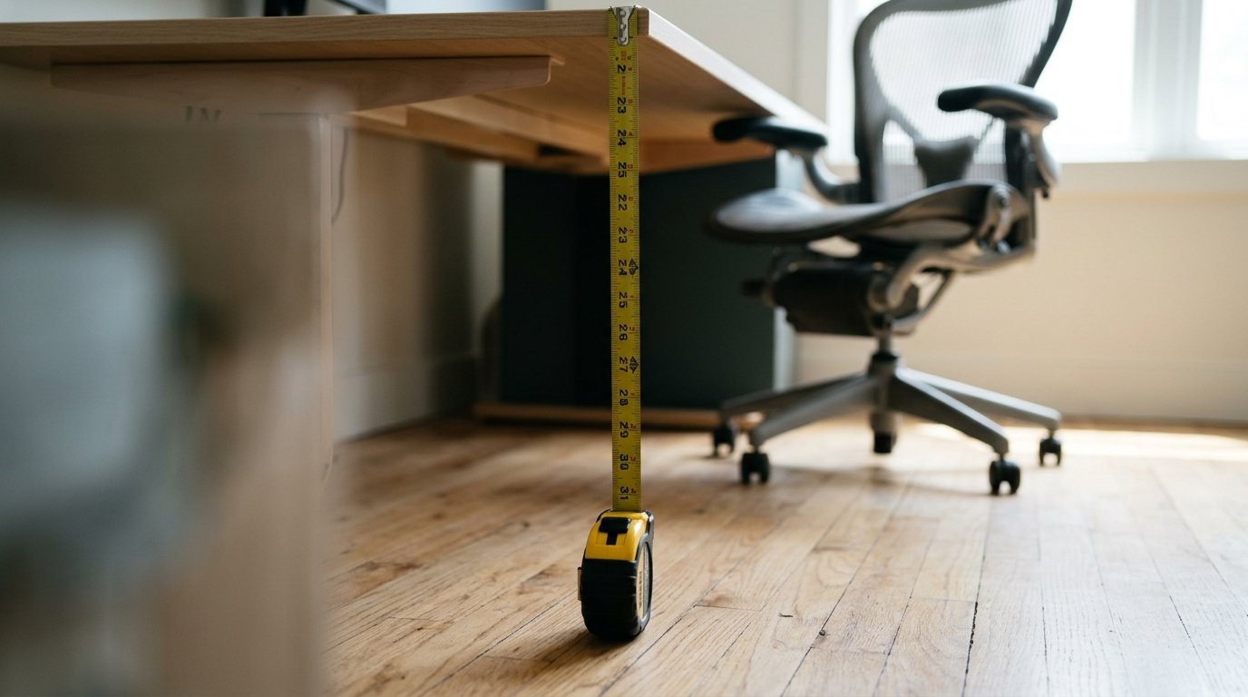 Tape measure extended from the floor to the underside of a desk edge beside an office chair