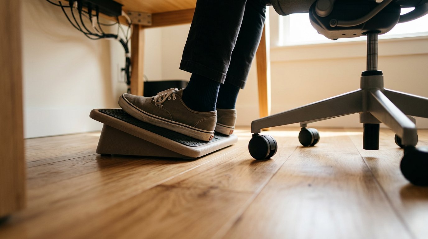 Adjustable footrest under a desk supporting the feet of a seated worker