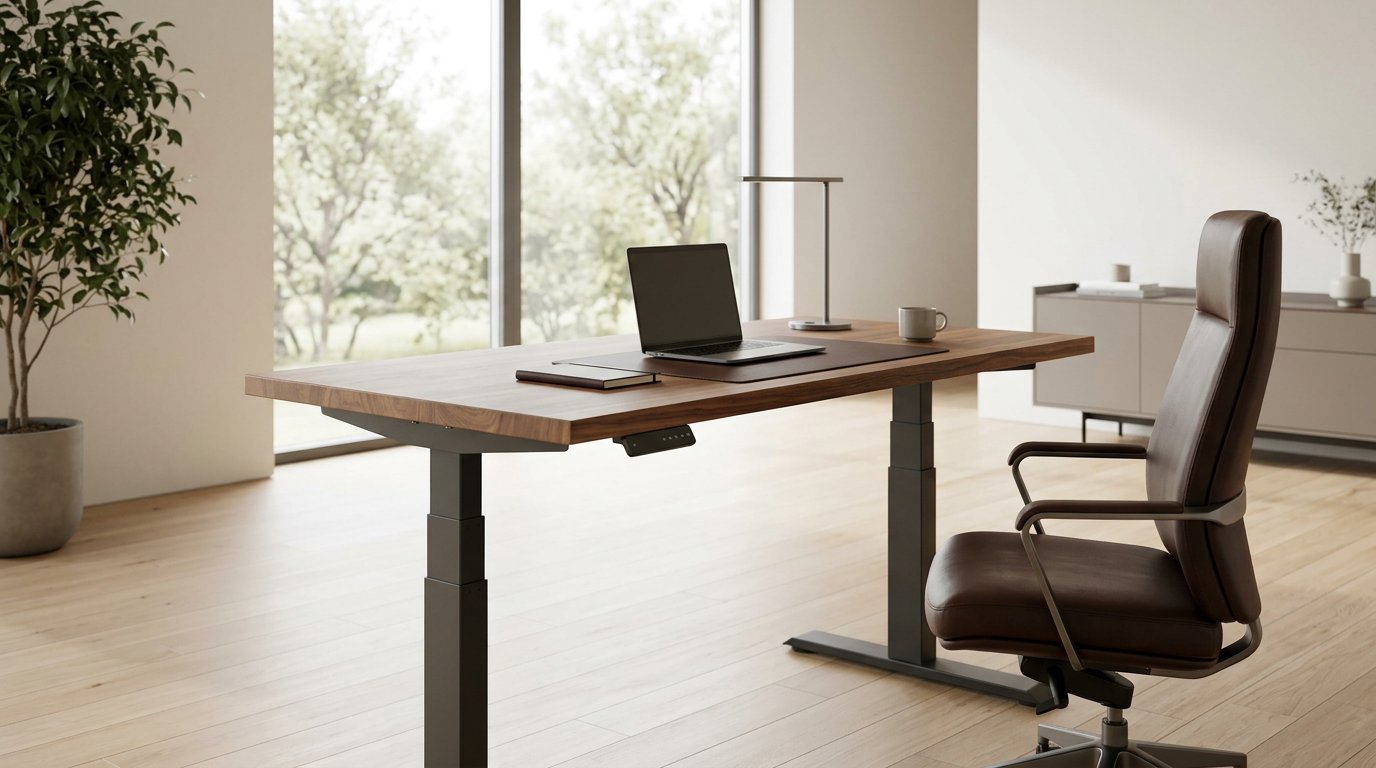 Height-adjustable lift-type executive desk in a bright modern office with a leather chair beside it