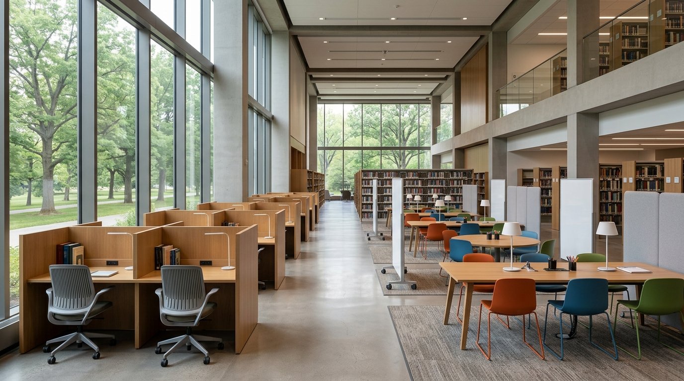 Library zoned layout showing quiet carrels and group tables side by side