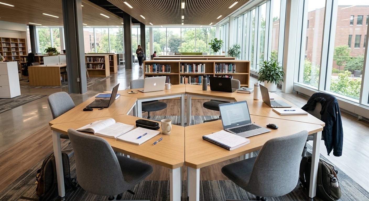 Modular trapezoidal study tables arranged in a flexible cluster formation
