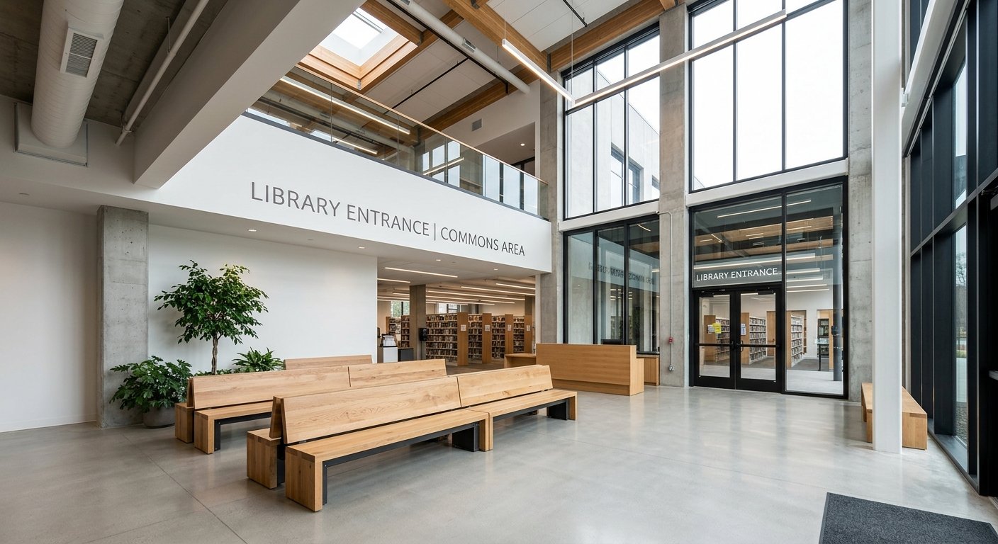 Durable bench seating in a high-traffic library entrance commons area