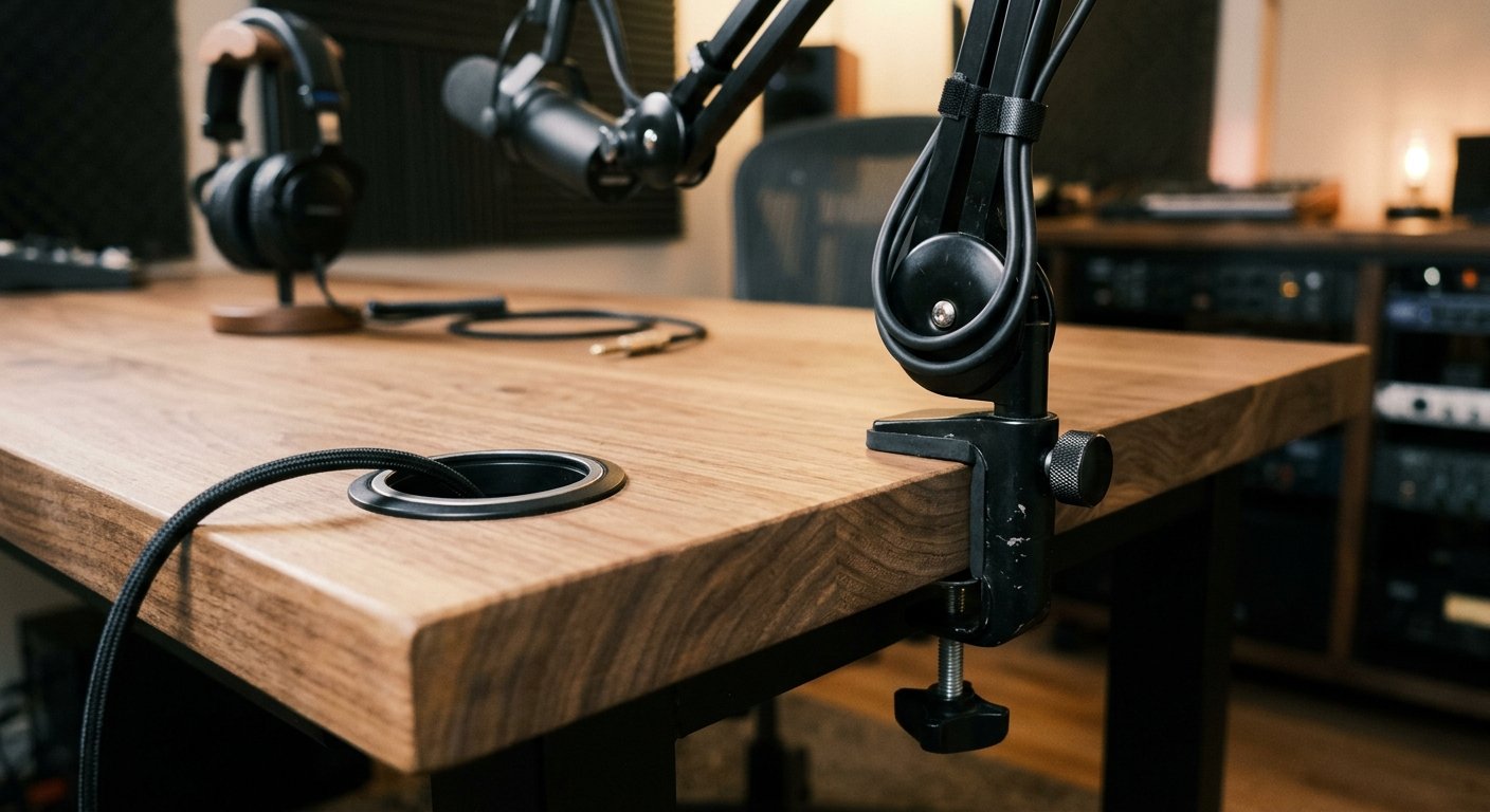 Close-up of a podcast desk edge with mic arm clamp and cable grommet